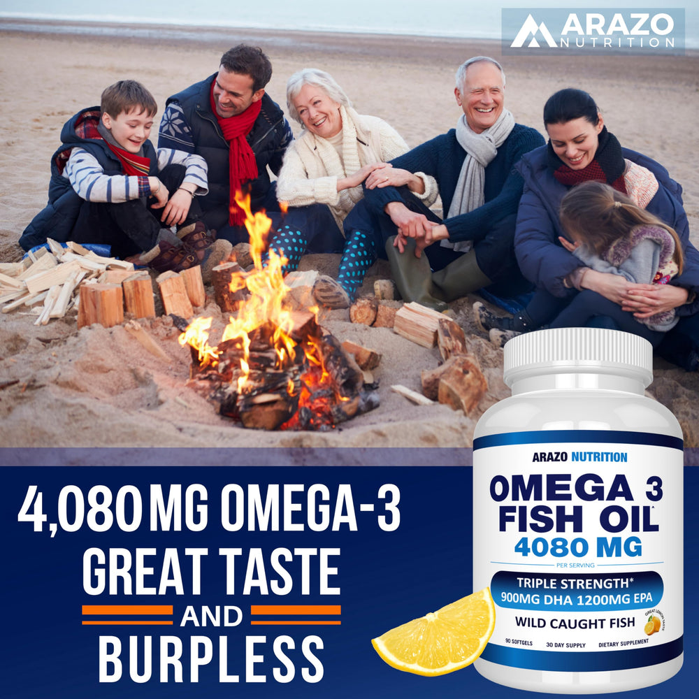 Front packaging of Arazo Nutrition wild-caught omega-3 with lemon flavor and freshness cues