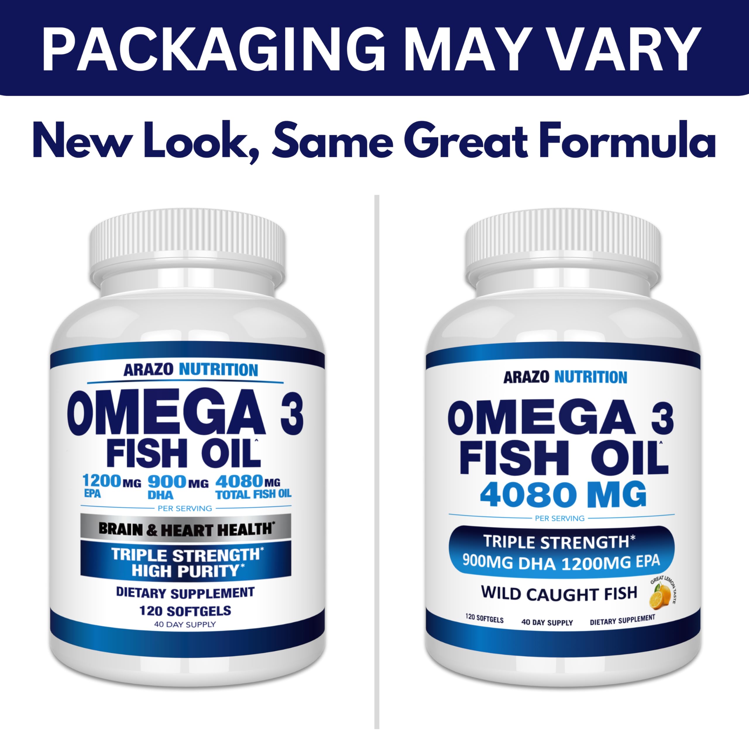 Three softgels serving size display for Arazo Nutrition Omega-3 with EPA 1200mg, DHA 900mg.