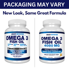 Three softgels serving size display for Arazo Nutrition Omega-3 with EPA 1200mg, DHA 900mg.