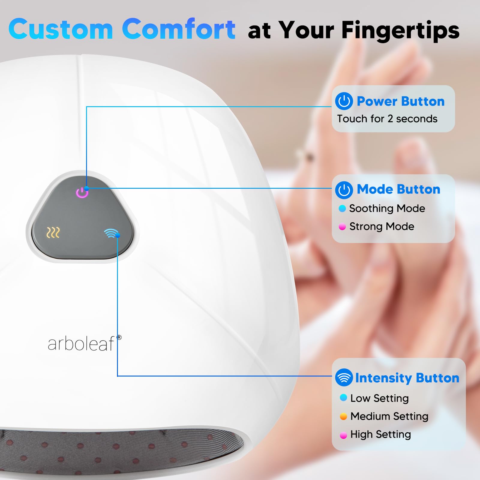 Arboleaf finger-massage beads deliver gentle contact during sessions.