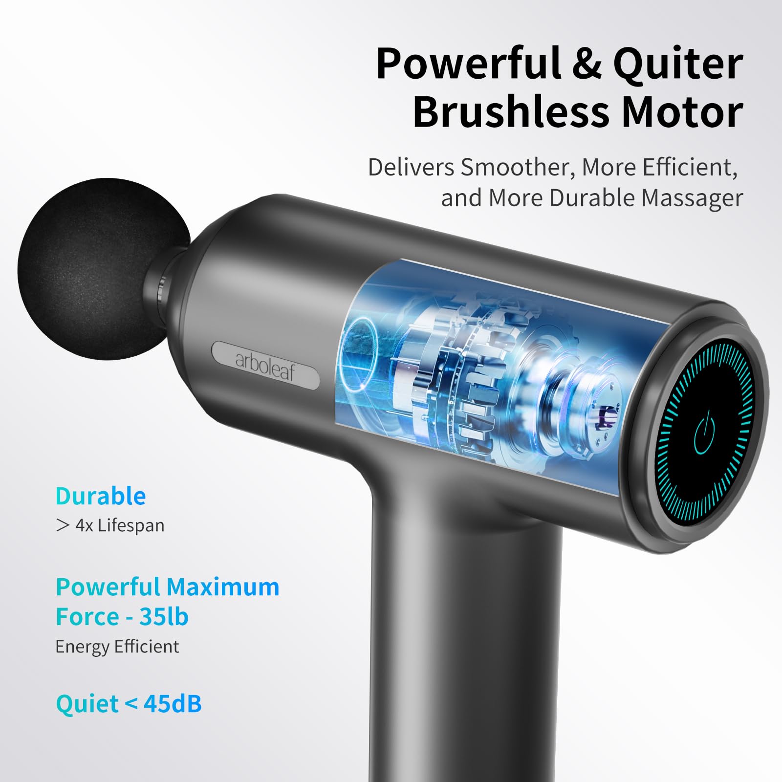 Arboleaf massage gun brushless motor delivers quiet, powerful percussion