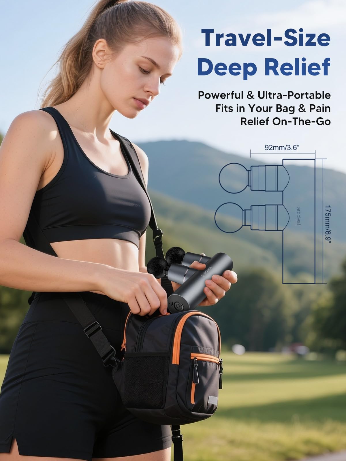 arboleaf massage gun with five heads targets neck, shoulders, back, legs