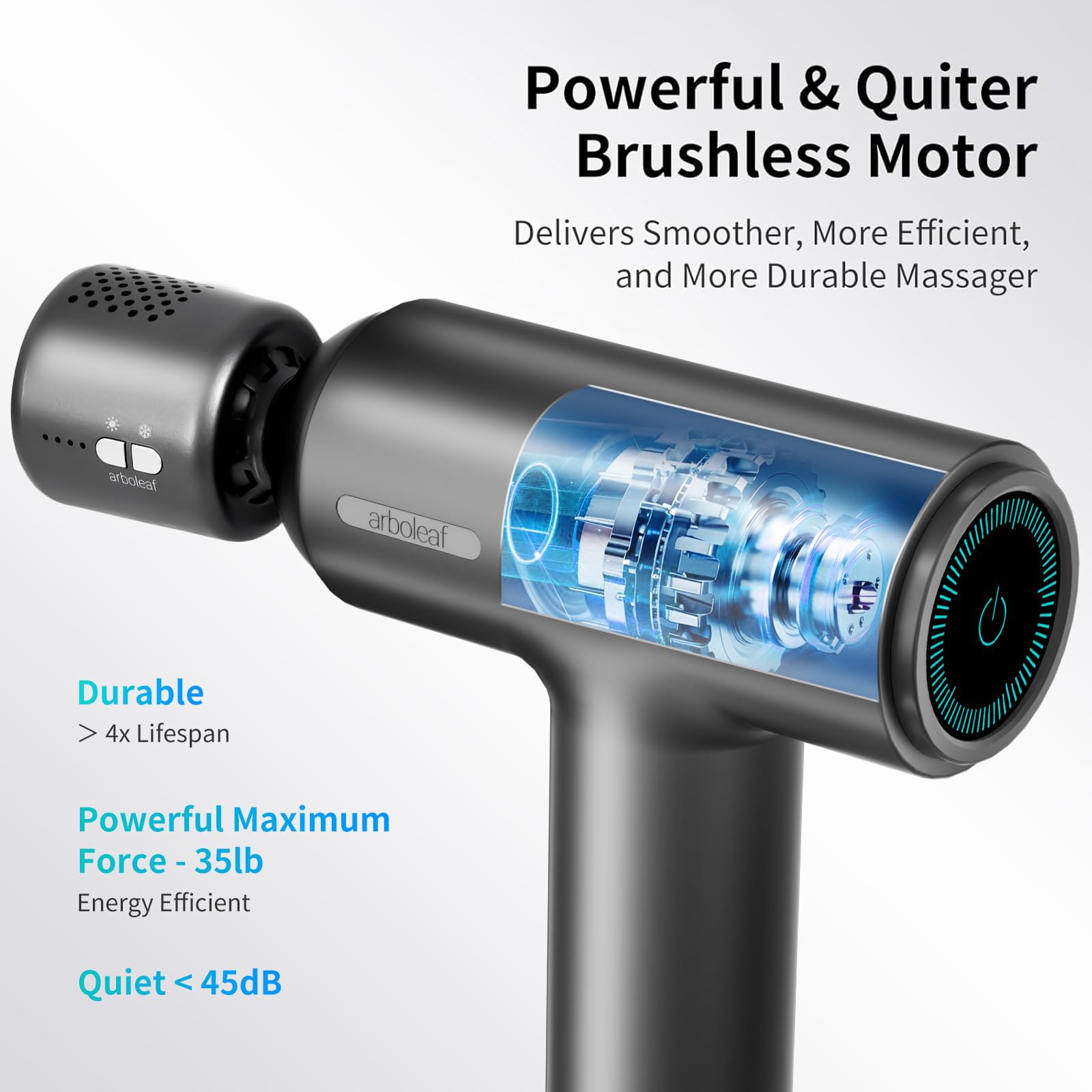 Thermacool massage gun with five interchangeable heads for full-body targeting.