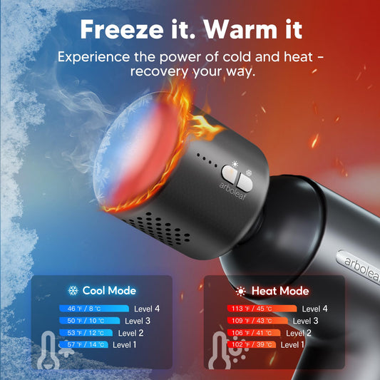 Thermacool massage gun showing cold settings for muscle tension relief.