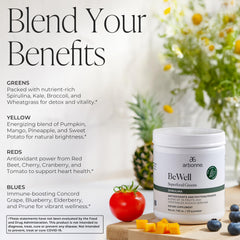 BeWell greens added to a green smoothie, illustrating convenient vegan nutrition.