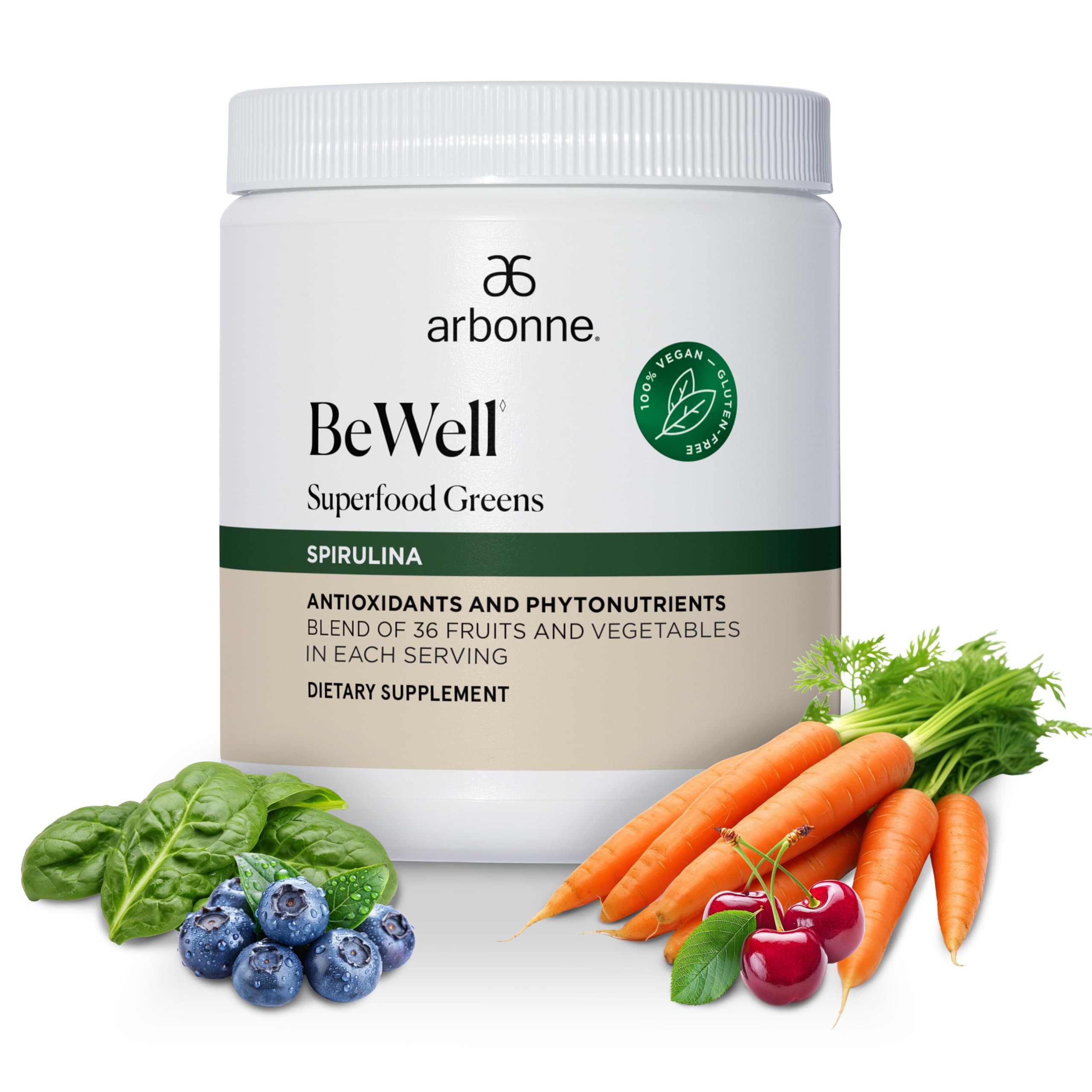 Arbonne BeWell Greens powder in front of the tub, highlighting daily greens source.