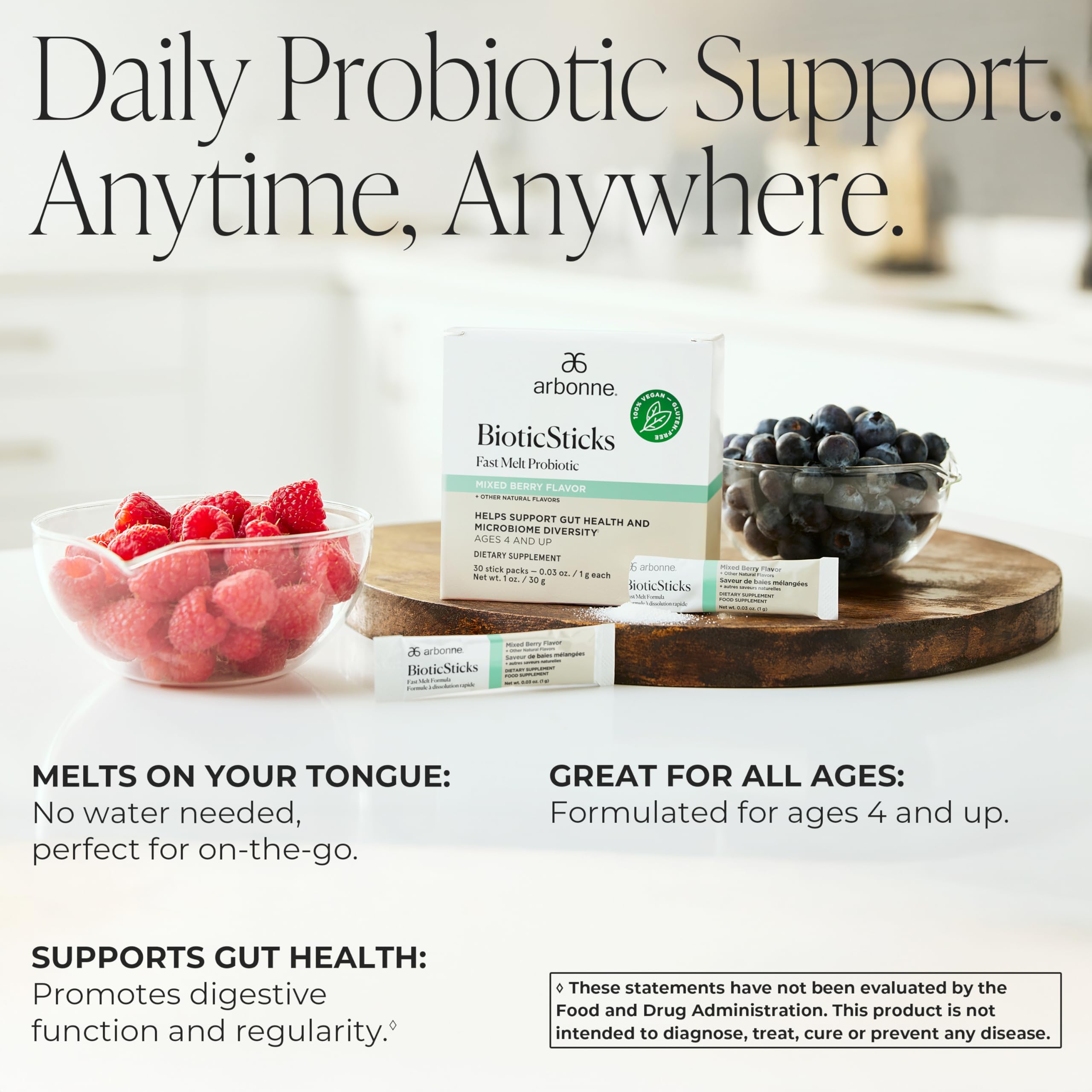 Arbonne BioticSticks mixed berry flavor appealing to kids and adults.