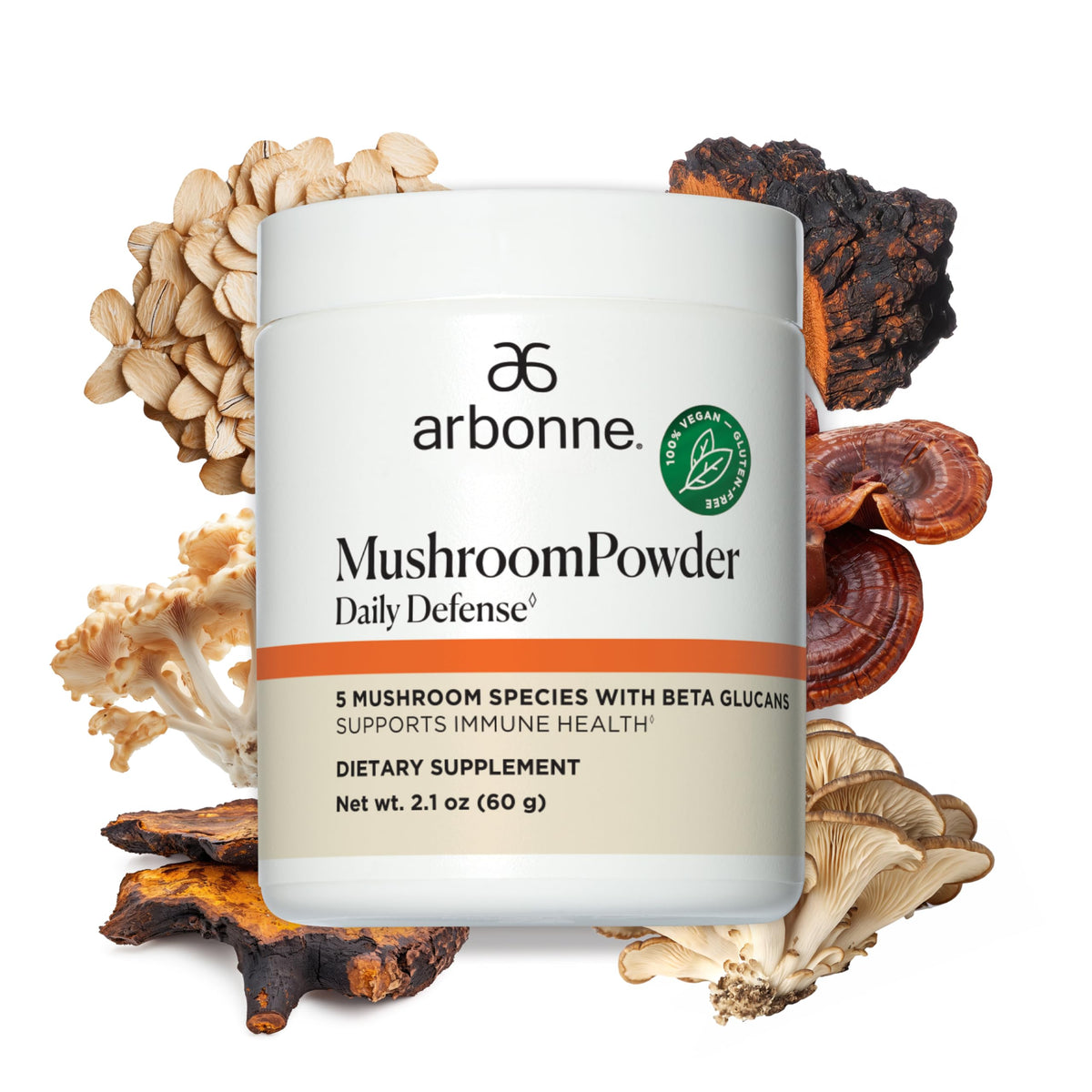 Arbonne Daily Defense Mushroom Powder pack shot highlighting immune-supportive organic blend