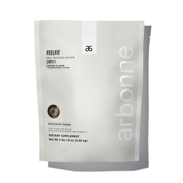 Arbonne FeelFit coffee protein powder tub, ideal for smoothies and post-workout recovery, vegan and dairy-free.