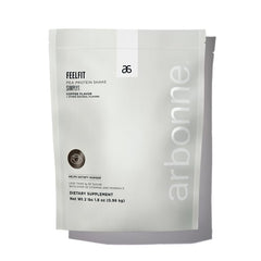 Arbonne FeelFit coffee protein powder tub, ideal for smoothies and post-workout recovery, vegan and dairy-free.