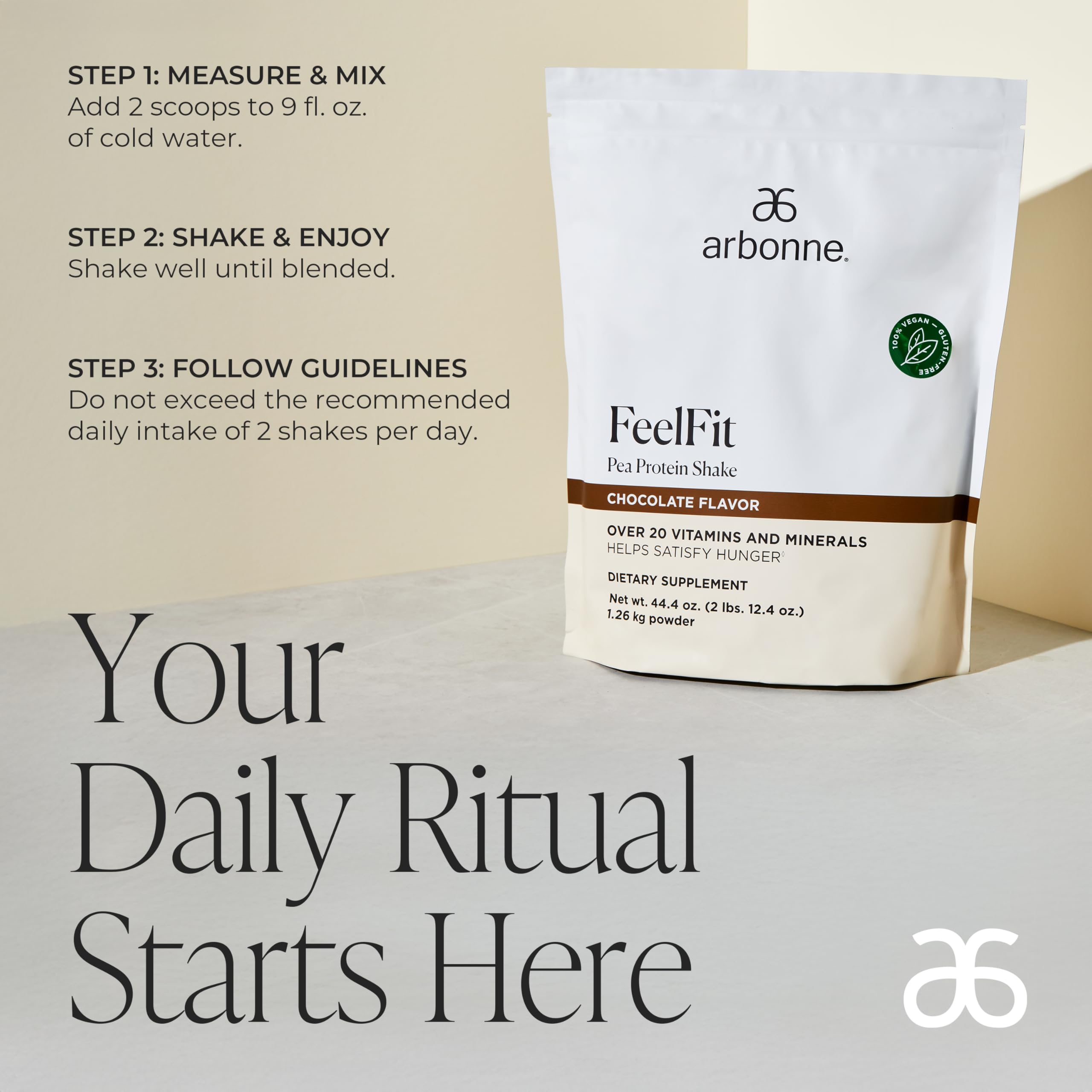 Arbonne Feelfit shake ingredients label showing 24 vitamins and minerals