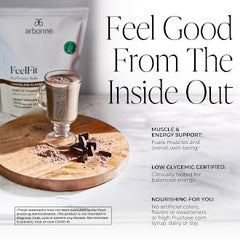 Arbonne Feelfit packaging of chocolate pea protein shake highlighting vegan gluten-free features