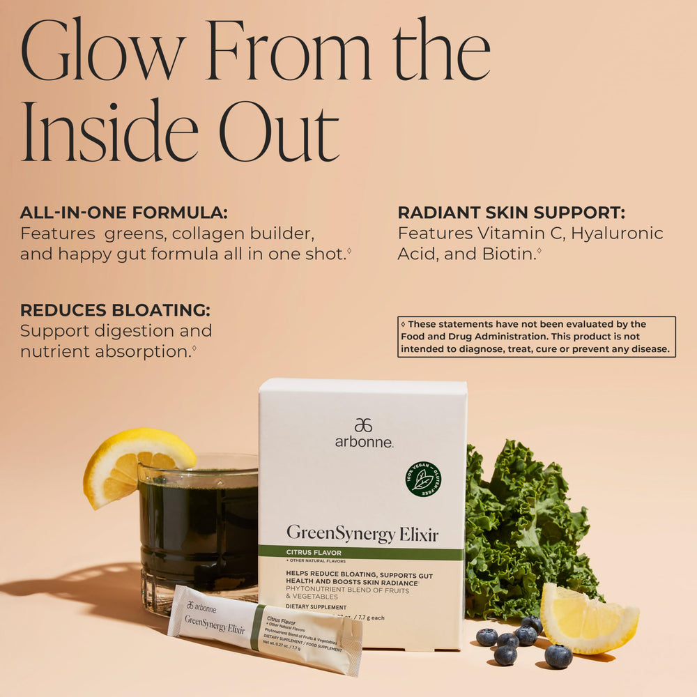 Arbonne GreenSynergy Elixir dissolved in water with refreshing citrus flavor
