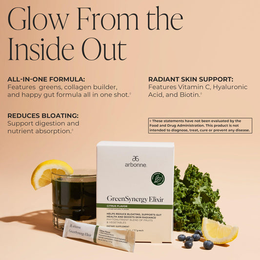 Arbonne GreenSynergy Elixir dissolved in water with refreshing citrus flavor