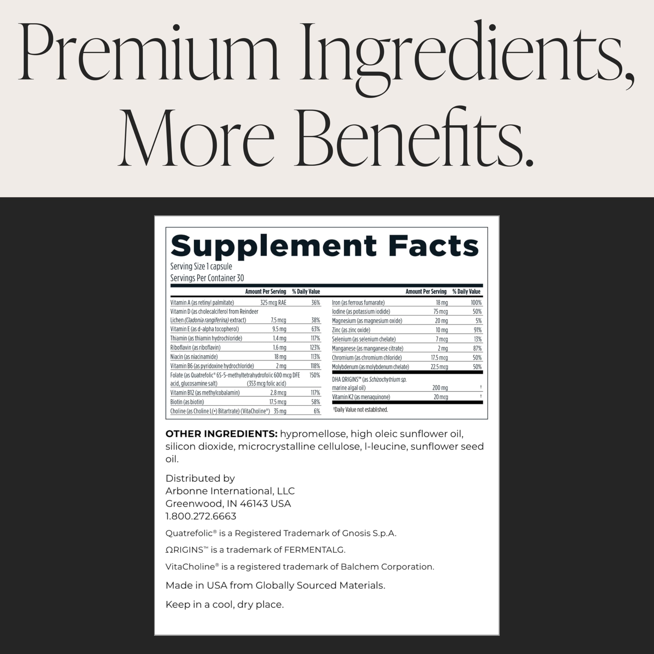 Vegan, gluten-free prenatal vitamins in clean, sustainable packaging.