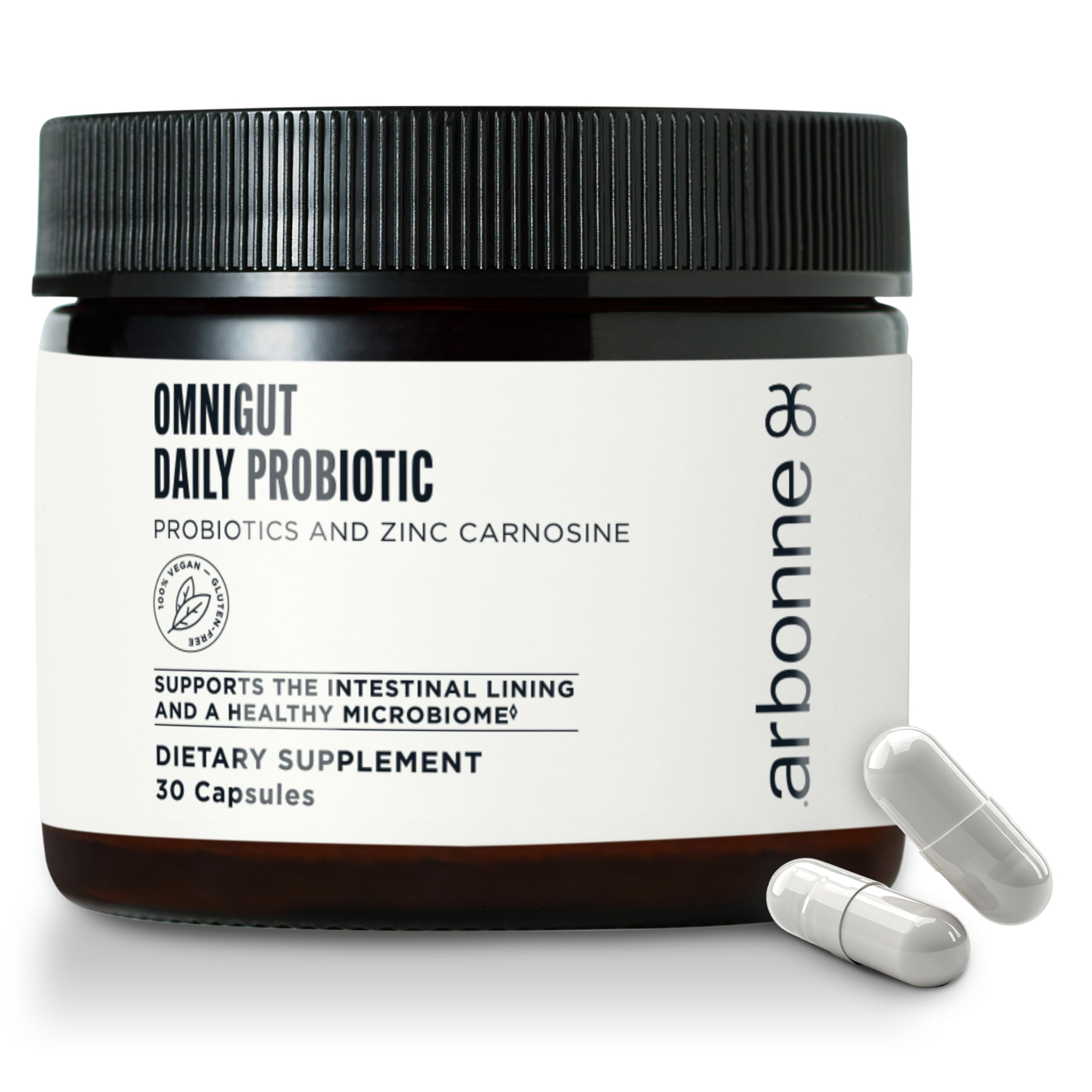 Arbonne OmniGut bottle front view showing daily probiotic support for gut health.