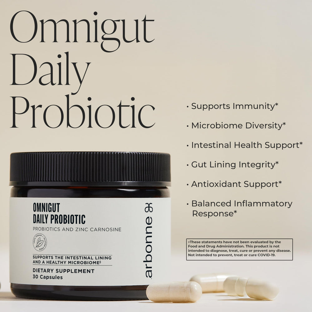 Arbonne OmniGut capsules ready for daily use in a simple routine.