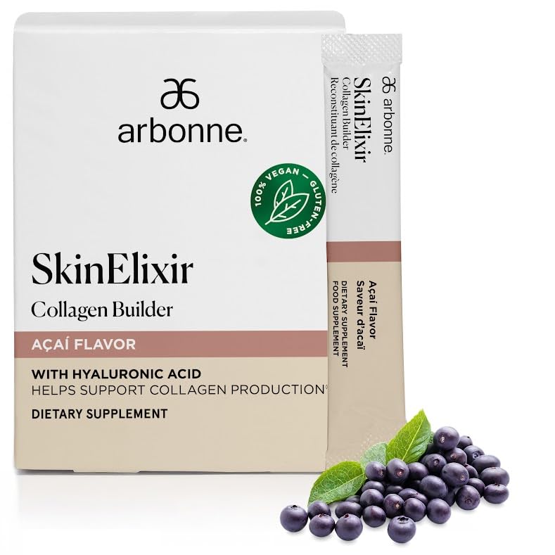 Arbonne SkinElixir acai-flavored stick pack for easy daily hydration and skin support.