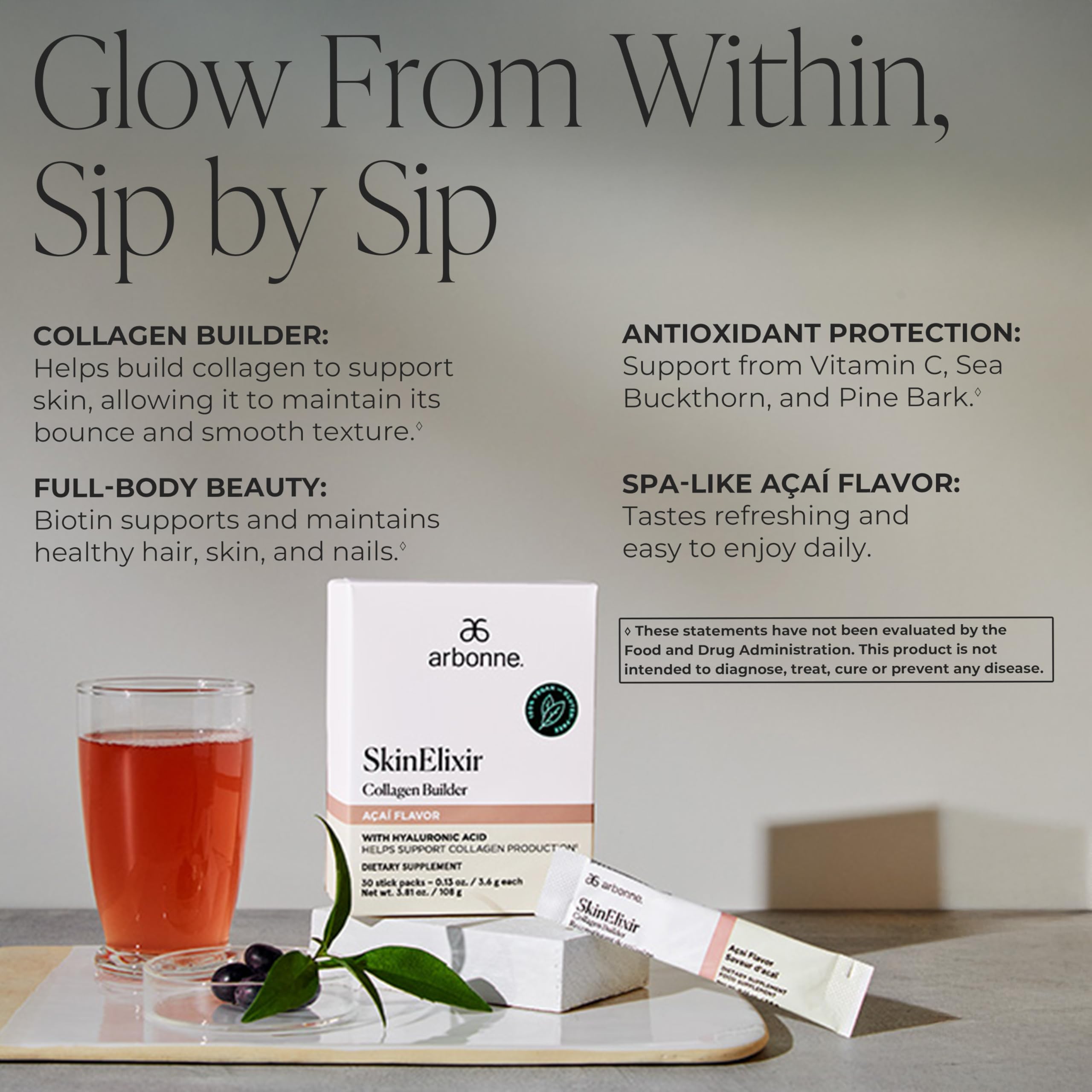 Arbonne SkinElixir bottle display highlighting vegan formula for plant-based skin support.