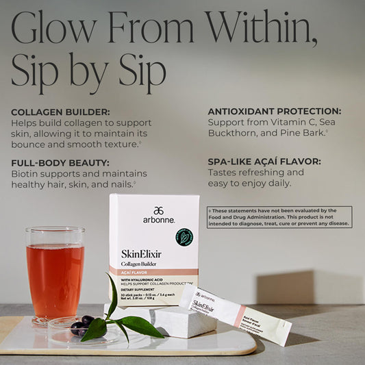 Arbonne SkinElixir bottle display highlighting vegan formula for plant-based skin support.