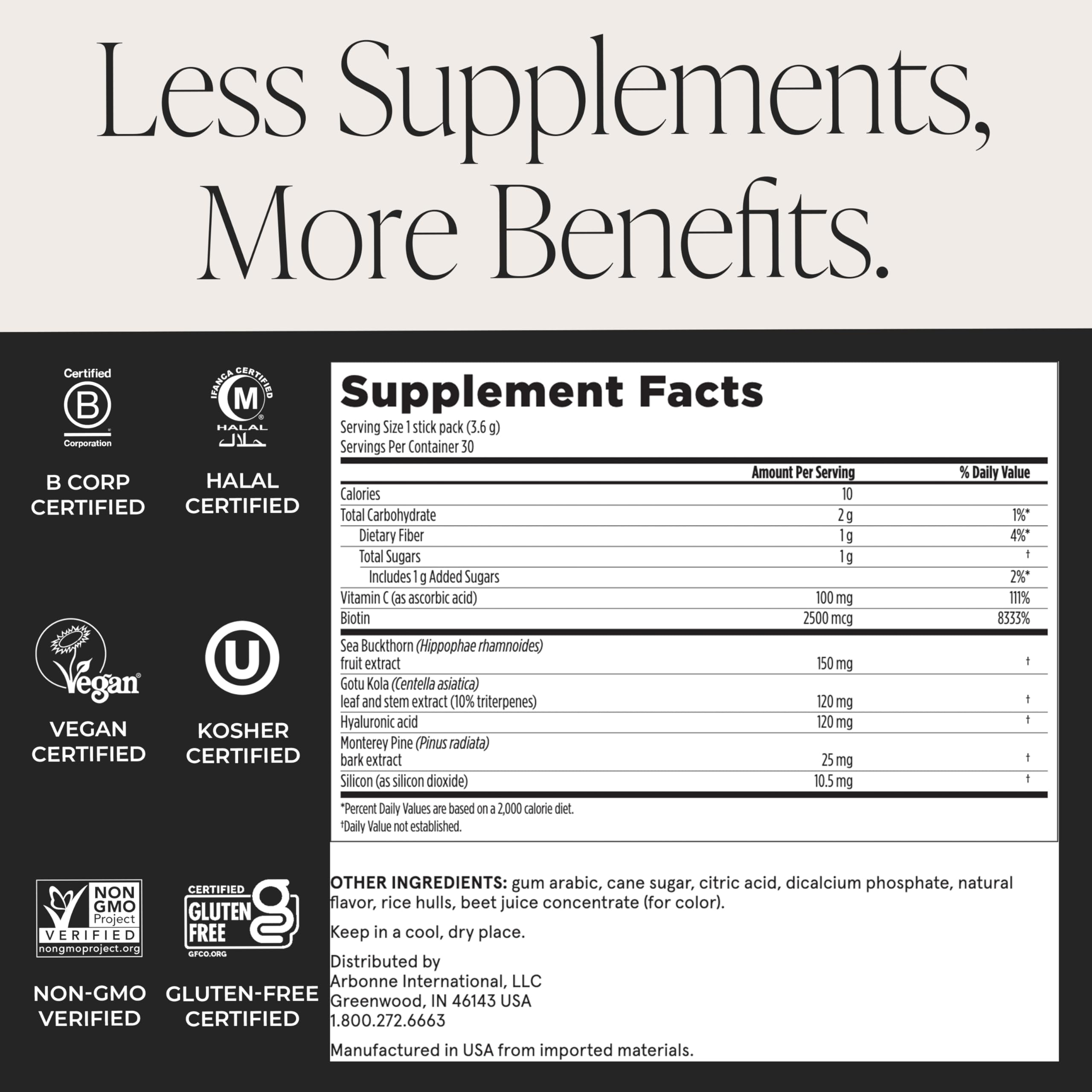 Arbonne SkinElixir packaging highlights gluten-free and non-GMO labels.