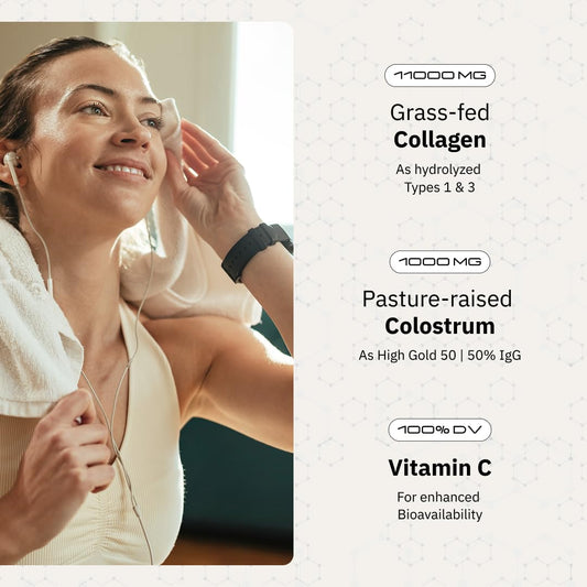 ARC Radiance bottle image highlights grass-fed collagen and colostrum for skin, joints, and immune support