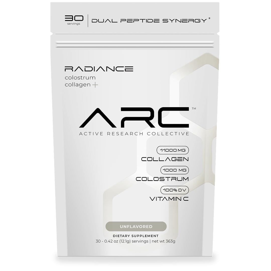 ARC Radiance collagen-colostrum powder packaging showcases premium formula for daily skin, joint, and gut support