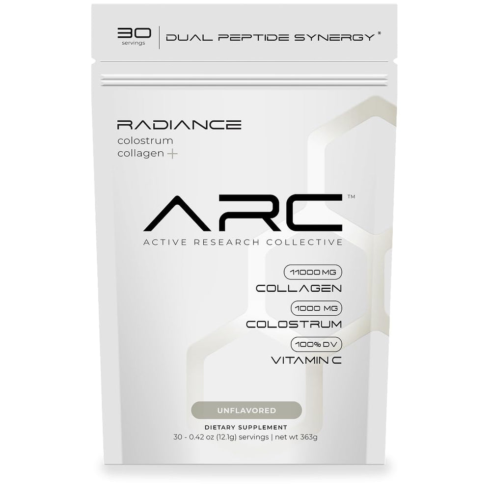 ARC Radiance collagen-colostrum powder packaging showcases premium formula for daily skin, joint, and gut support