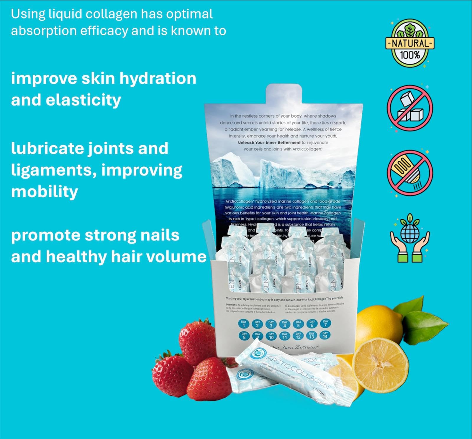 ARCTICCOLLAGEN strawberry liquid bottle and label close-up on premium packaging.