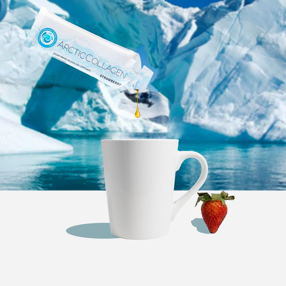 ARCTICCOLLAGEN strawberry liquid daily-use sachets arranged for travel.