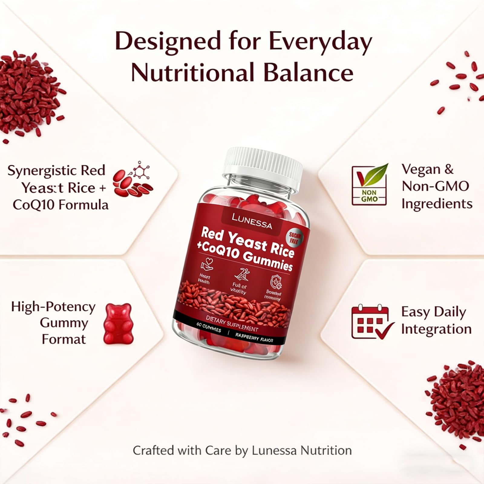 Ardocme Lunessa label with CoQ10 icon indicating added daily support.