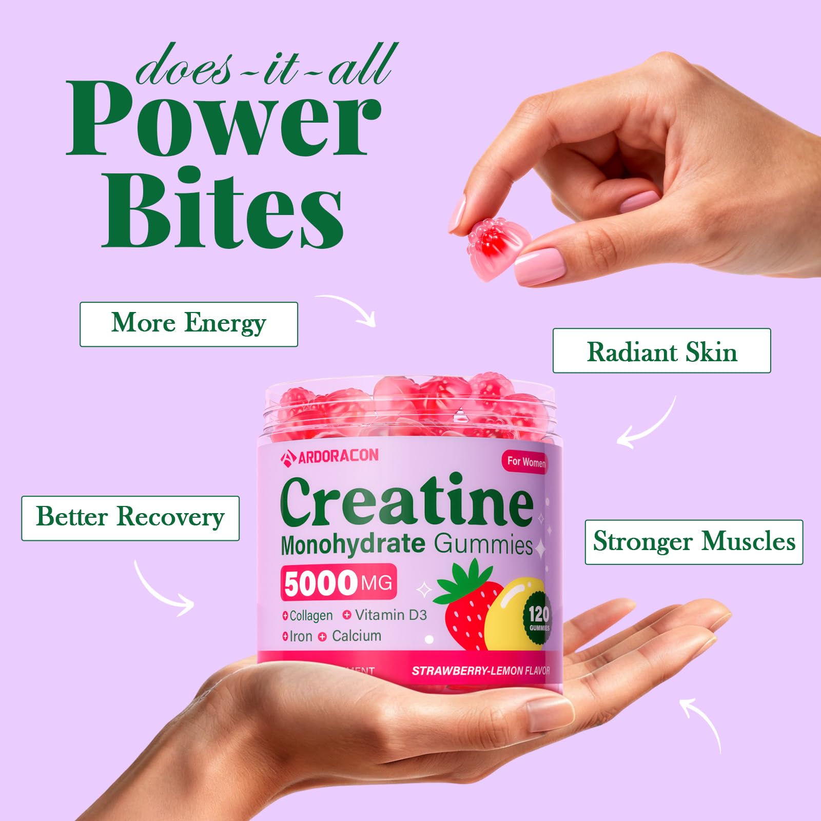 ARDORACON Creatine Women label close-up reveals collagen and minerals for daily energy and bones.