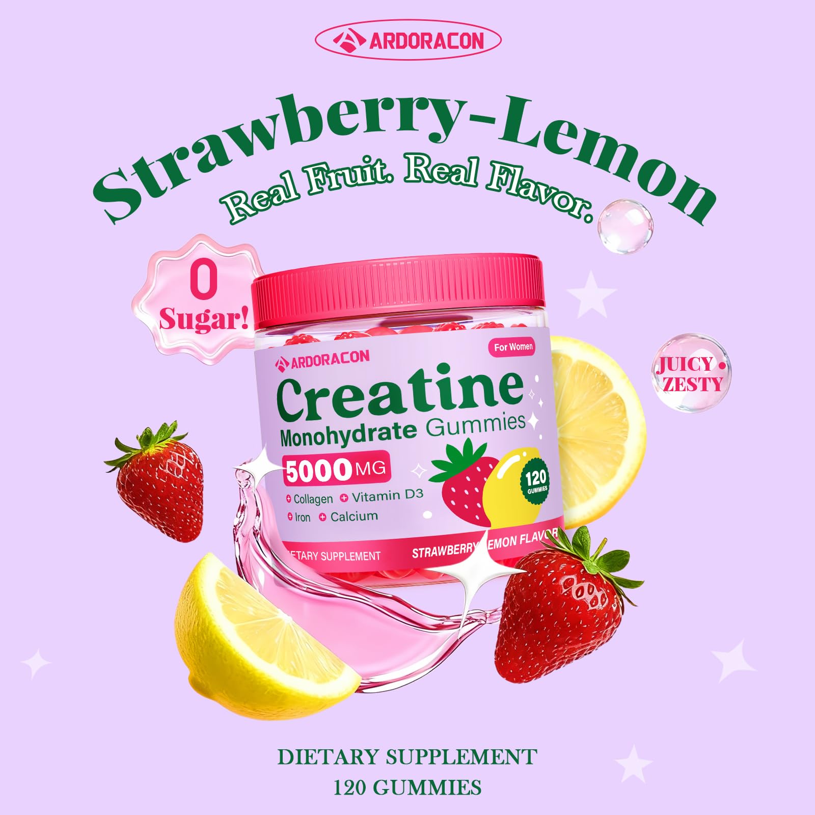 ARDORACON Creatine Women sugar-free badge on bottle signals guilt-free indulgence.
