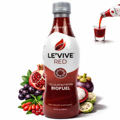 Ardyss Le’Vive Red Juice bottle on shelf showing a vibrant pomegranate-berry blend