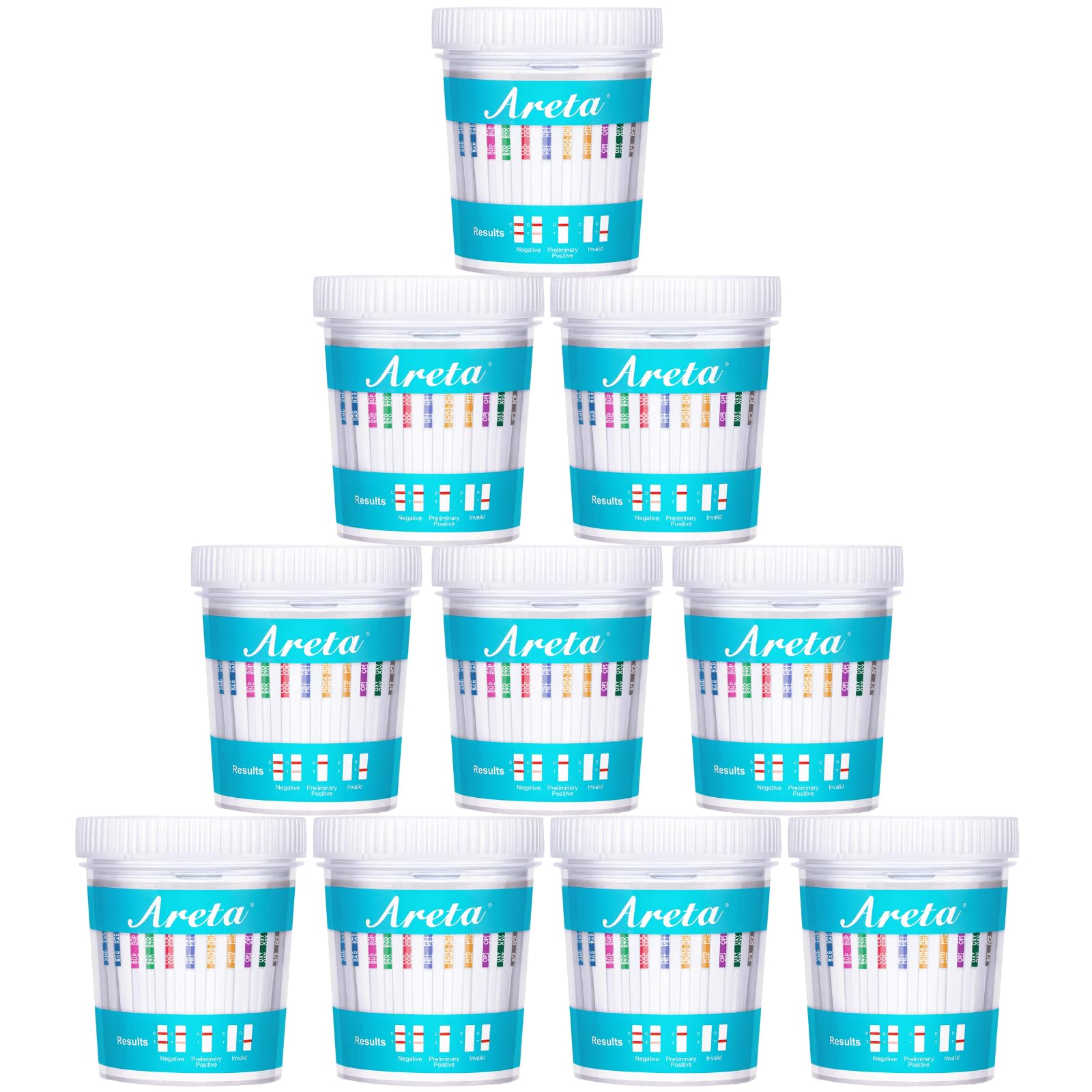 Areta 14-panel urine test cup front view for quick home testing.