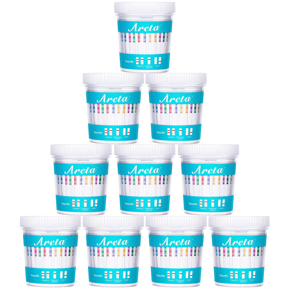 Areta 14-panel urine test cup front view for quick home testing.