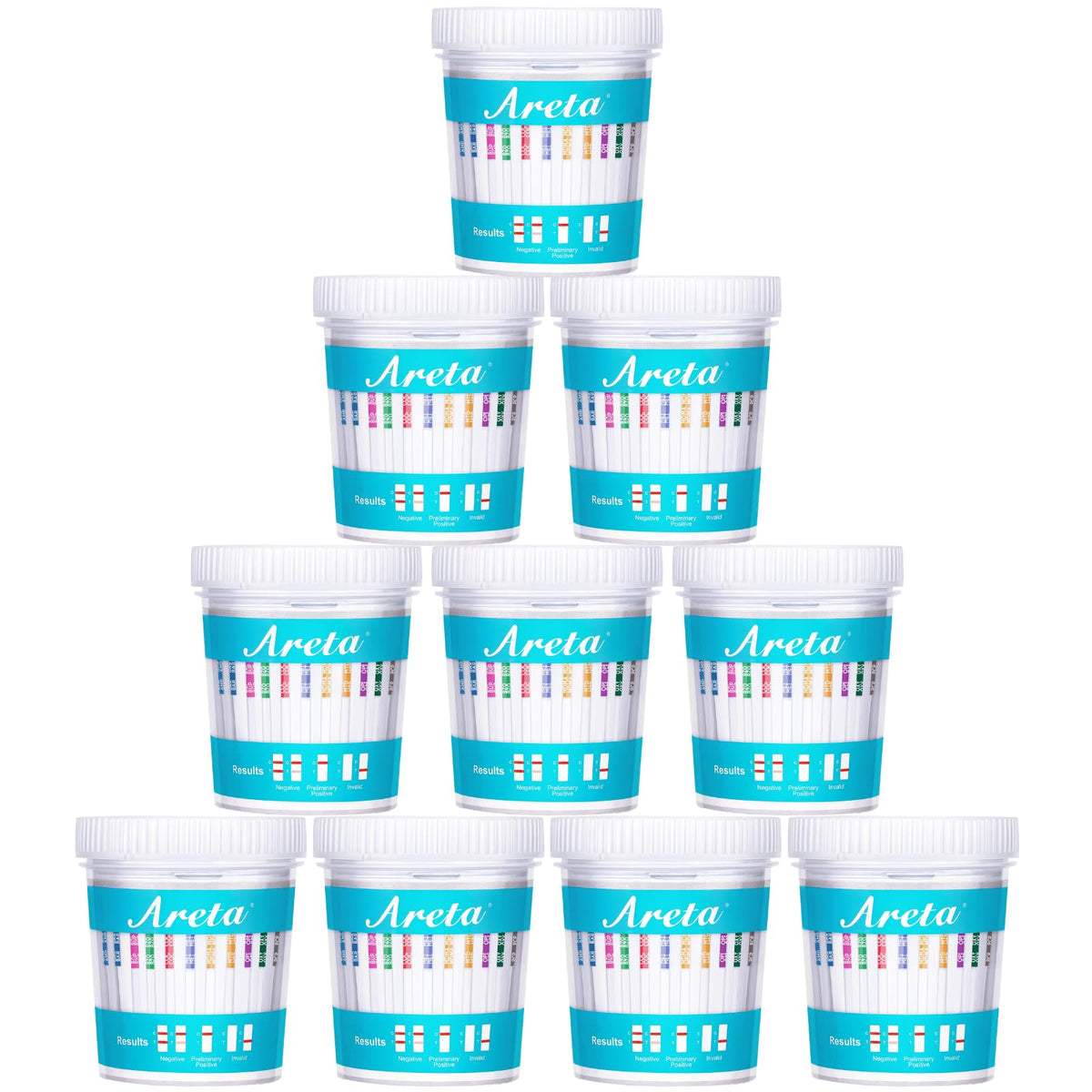 Areta 14-panel urine test cup front view for quick home testing.