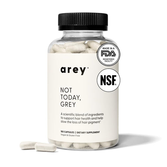 Arey Not Today capsules arranged for daily intake to potentially slow greying.