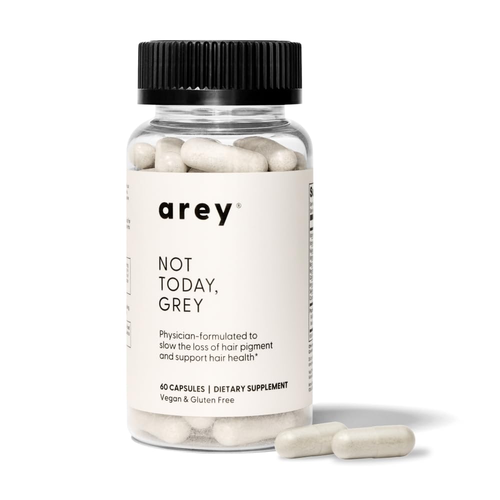 Arey Not Today grey daily supplement bottle highlighting hair health benefits