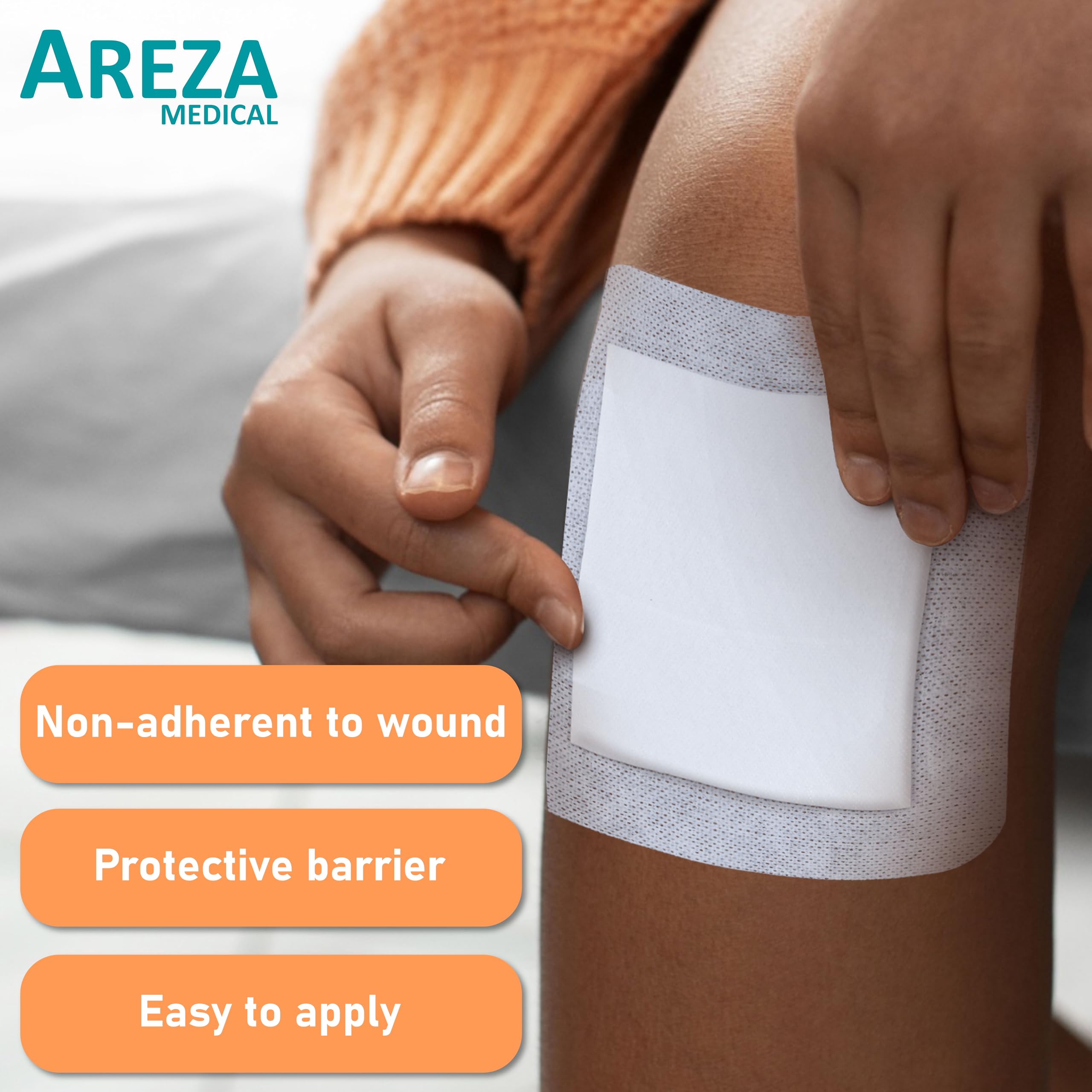 Areza Medical bordered gauze island dressing, adhesive border close-up for secure skin