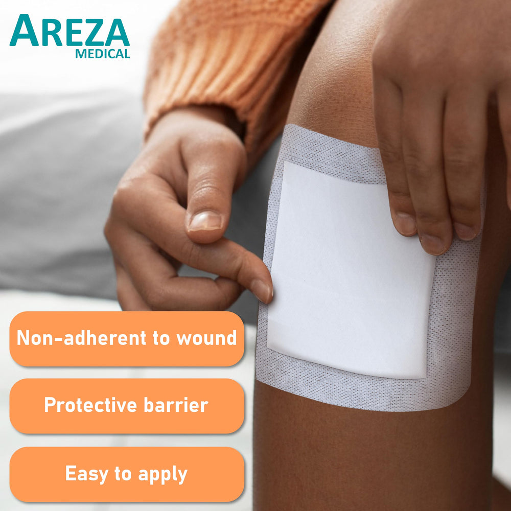 Areza Medical bordered gauze island dressing, adhesive border close-up for secure skin