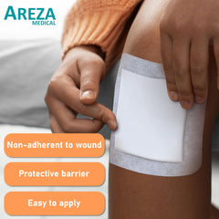Areza Medical bordered gauze island dressing, adhesive border close-up for secure skin