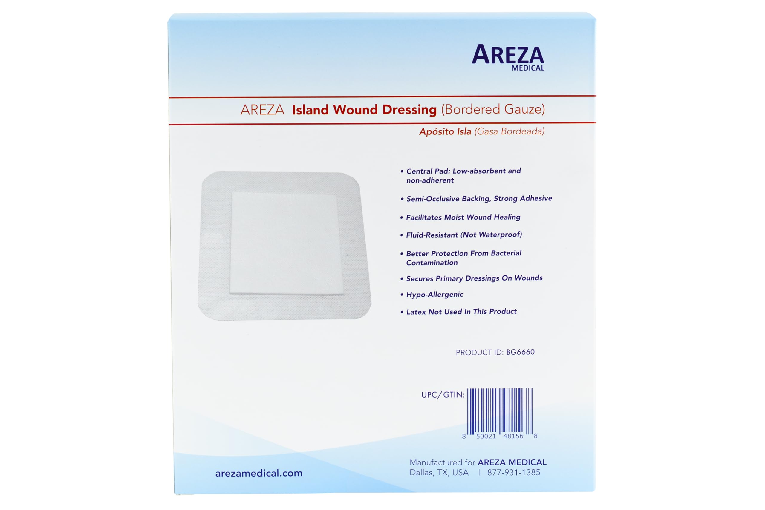 Areza Medical bordered gauze island dressing, box opened displaying dressings