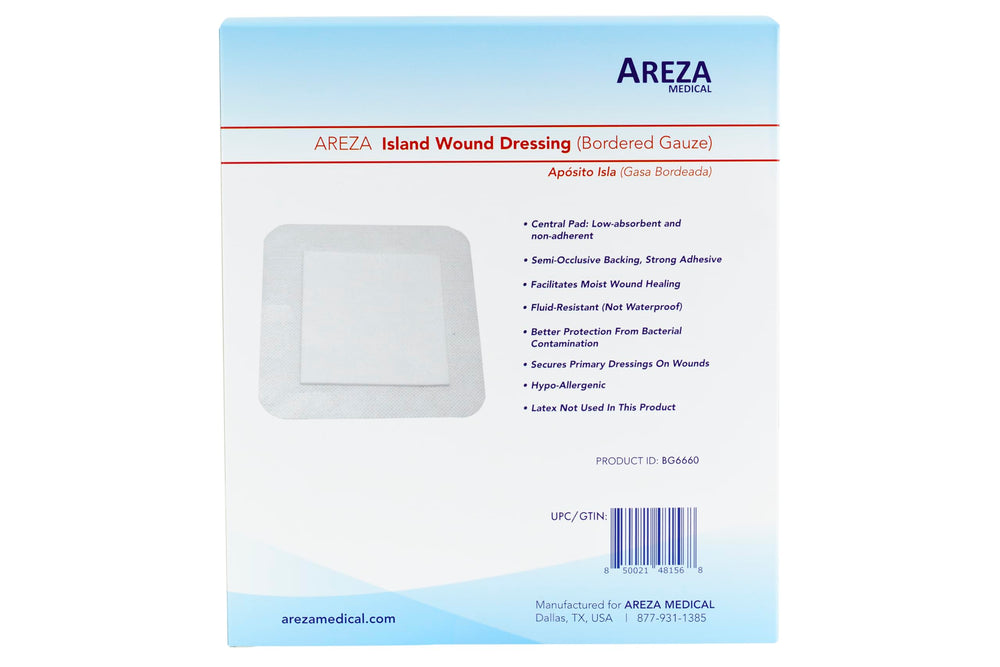 Areza Medical bordered gauze island dressing, box opened displaying dressings