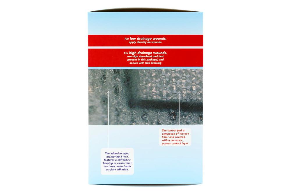Areza Medical bordered gauze island dressing, latex-free label visible