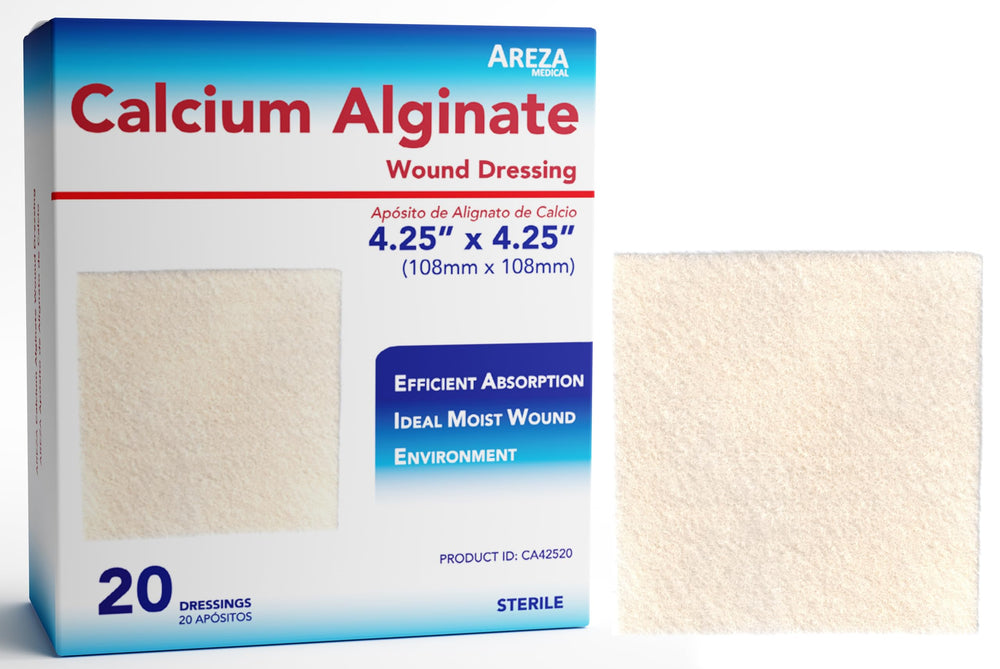 Areza Medical calcium alginate dressing 4x4 inch square offers conforming, moisture-friendly wound coverage.