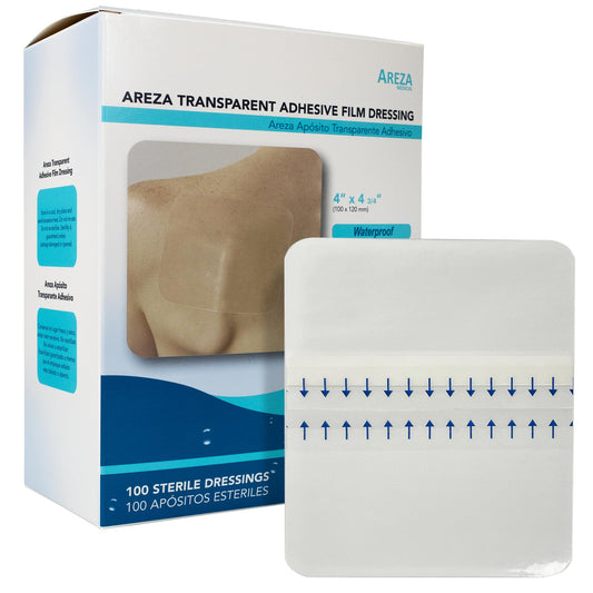 Areza Medical transparent dressing in sterile package for wound care protection.