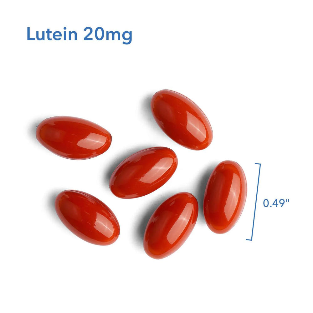 ARG Lutein 20 mg bottle label detail emphasizing purity and formulation