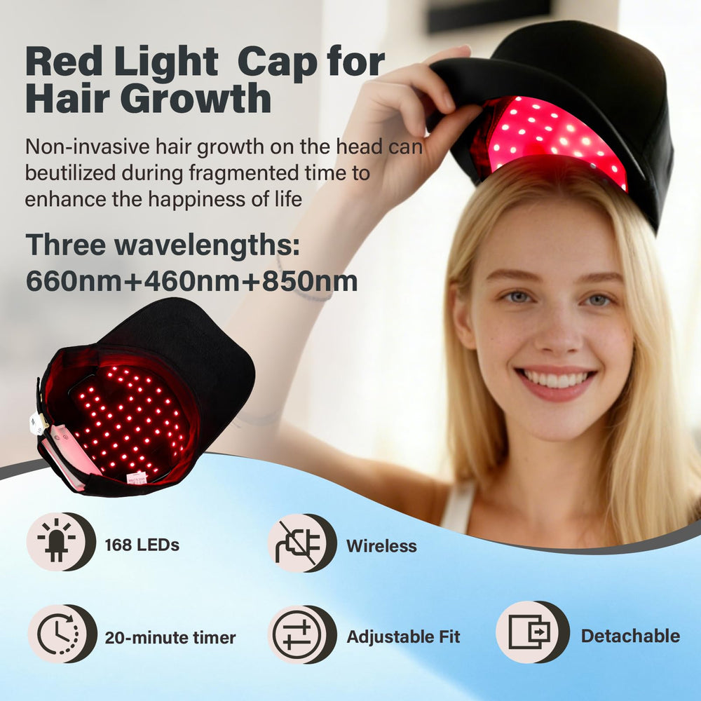 Ariysah wireless cap shown in use for on-the-go phototherapy sessions.