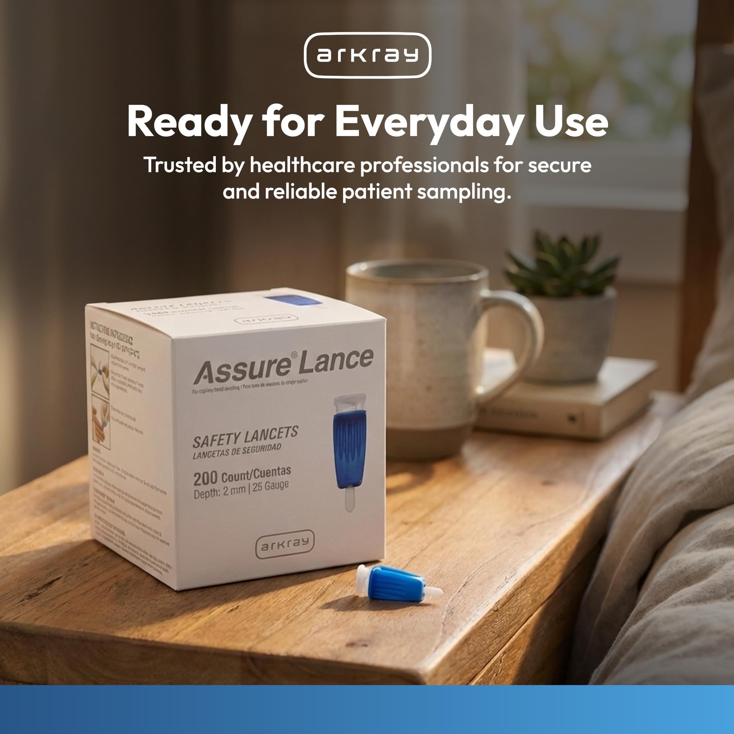 ARKAY Assure Lance box contains 200 lancets for home or clinic use.